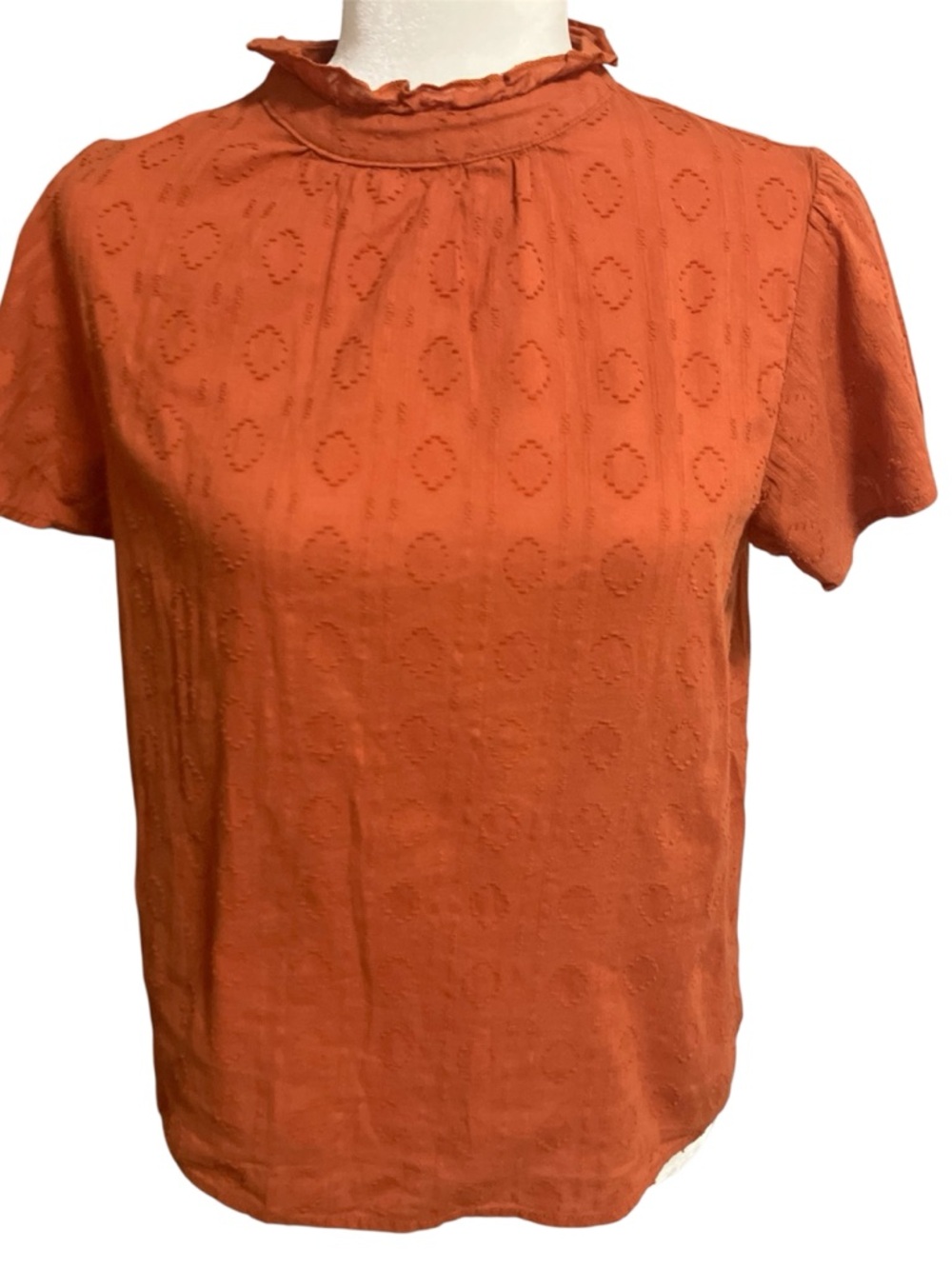 Women's Rust Eyelet Ruffle Neck Short Sleeve Top